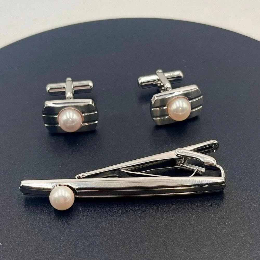 Japanese Vintage Akoya Pearl Tie Clip Cuff Link Set 2013 Japan 10k Gold Plated